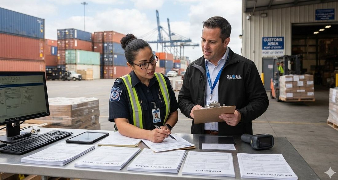 Customs officer and broker reviewing shipping documents