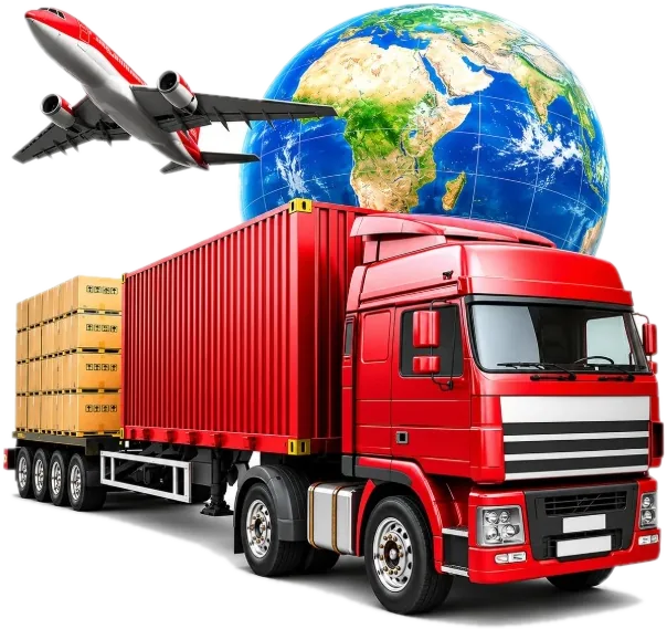 Red container truck with an aircraft and globe behind it