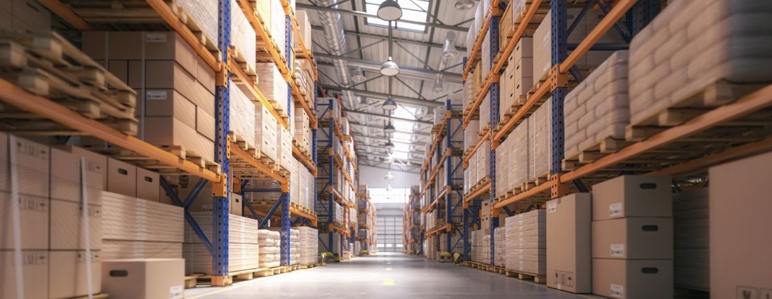 Warehouse aisle with racked pallets of boxed goods